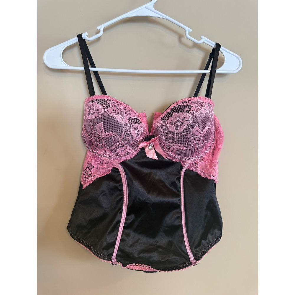 Nature Intimates Pink Black Lace Bustier Corset Top Underwire 36C Hook Eye‎ Back